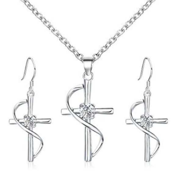 Silver Cross Necklace & Earrings Set - Picture 10 of 11